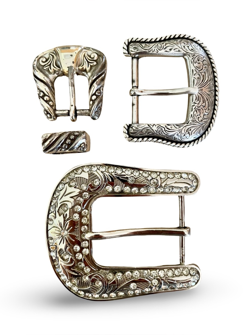 Vintage Silver Belt Buckle Collection Lot of 3 Western Engraved & Rhinestone